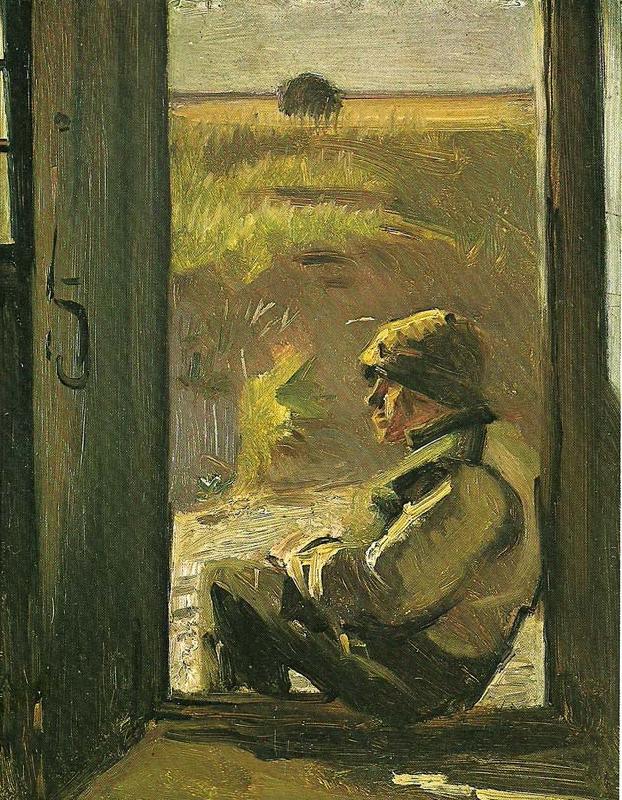 Viggo Johansen blinde- christian siddende i doren til sit hus oil painting image